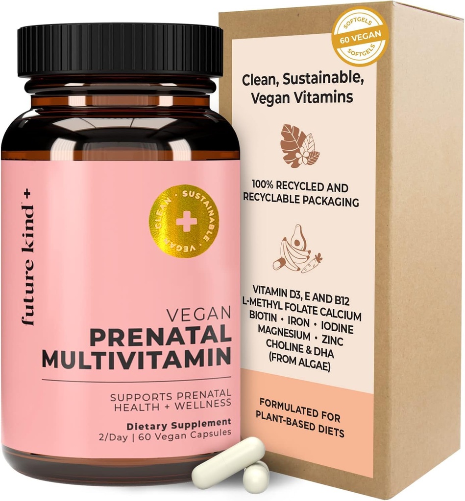 Framtida Kind Vegan Prenatal Vitamin med DHA & L-Methylfolat i Glasflaskan - Prenatal Folat Supplement för kvinnor med vitamin D & E, Iron & Biotin - Gluten-Free, Non-GMO (60ct)