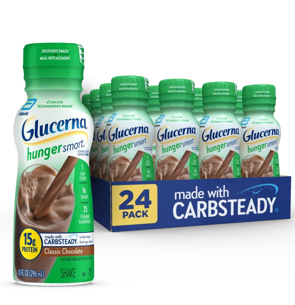 Glucerna Hunger Smart Diabetes Care Shake, Classic Chocolate, Diabetic Meal Replacement för att stödja blodsockerhantering, 15g Protein, 180 kalorier, redo att dricka, 10-fl-oz flaska, 24 Pack