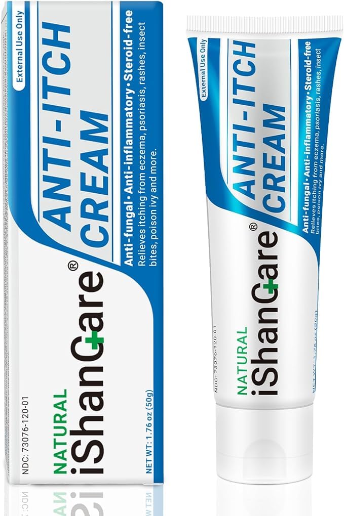 ishancare Anti Itch Soothing Cream Extra Strength Skin Itch Relief Ointment, för Full Body Itching orsakad av säsongsförändringar, Dermatit, Eczema, Rash, Psoriasis, Hives, Bites, Poison Ivy, 1,76 oz