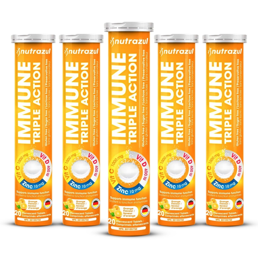 Nutrazul Immun Triple Action Effervescent Tablets med vitamin C 1000mg, Vitamin D, Zink, Support Daily Routine, Gluten-Free, Sugar-Free, Lactose-Free, Orange Flavor, 20 tabletter (Pack av 5x20)