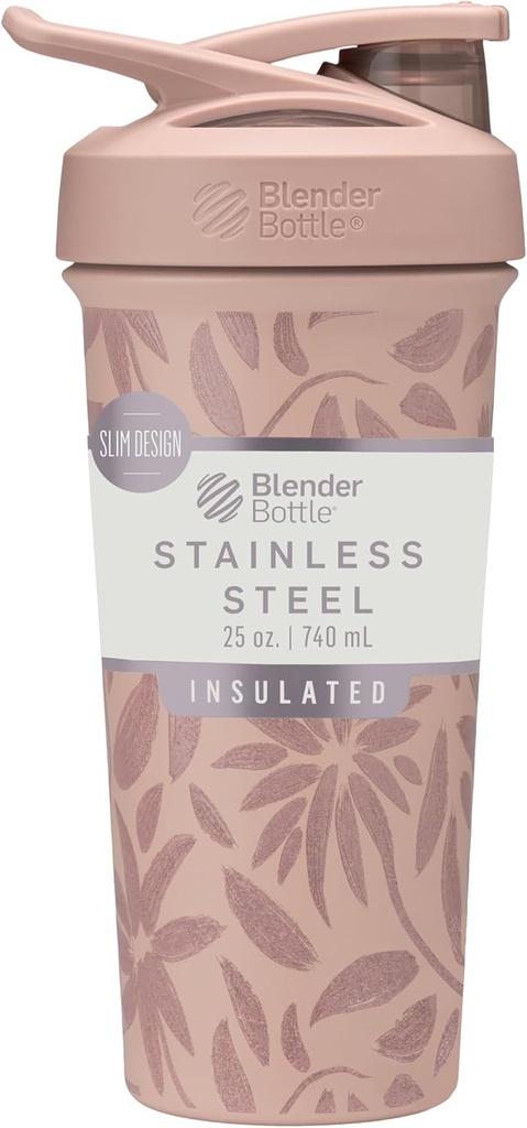 BlenderBottle Strada Flip Shaker Cup isolerad rostfritt stål vattenflaska med Wire Whisk, 25-Ounce, Brown blommor