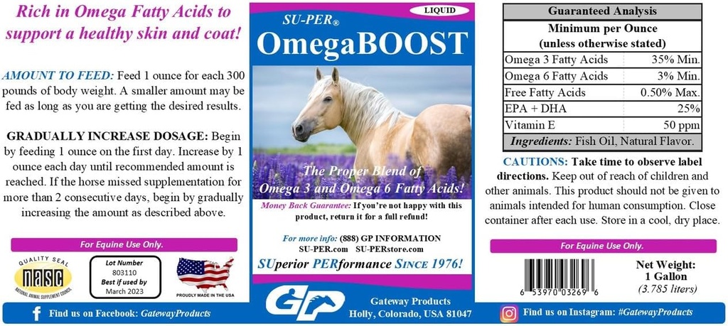 SU-PER OmegaBOOST Fiskolja för hästar - Premium Omega 3 och Omega 6 Fatty Acids Supplement - Stöder Hälsosam hud och rock - 1 Gallon