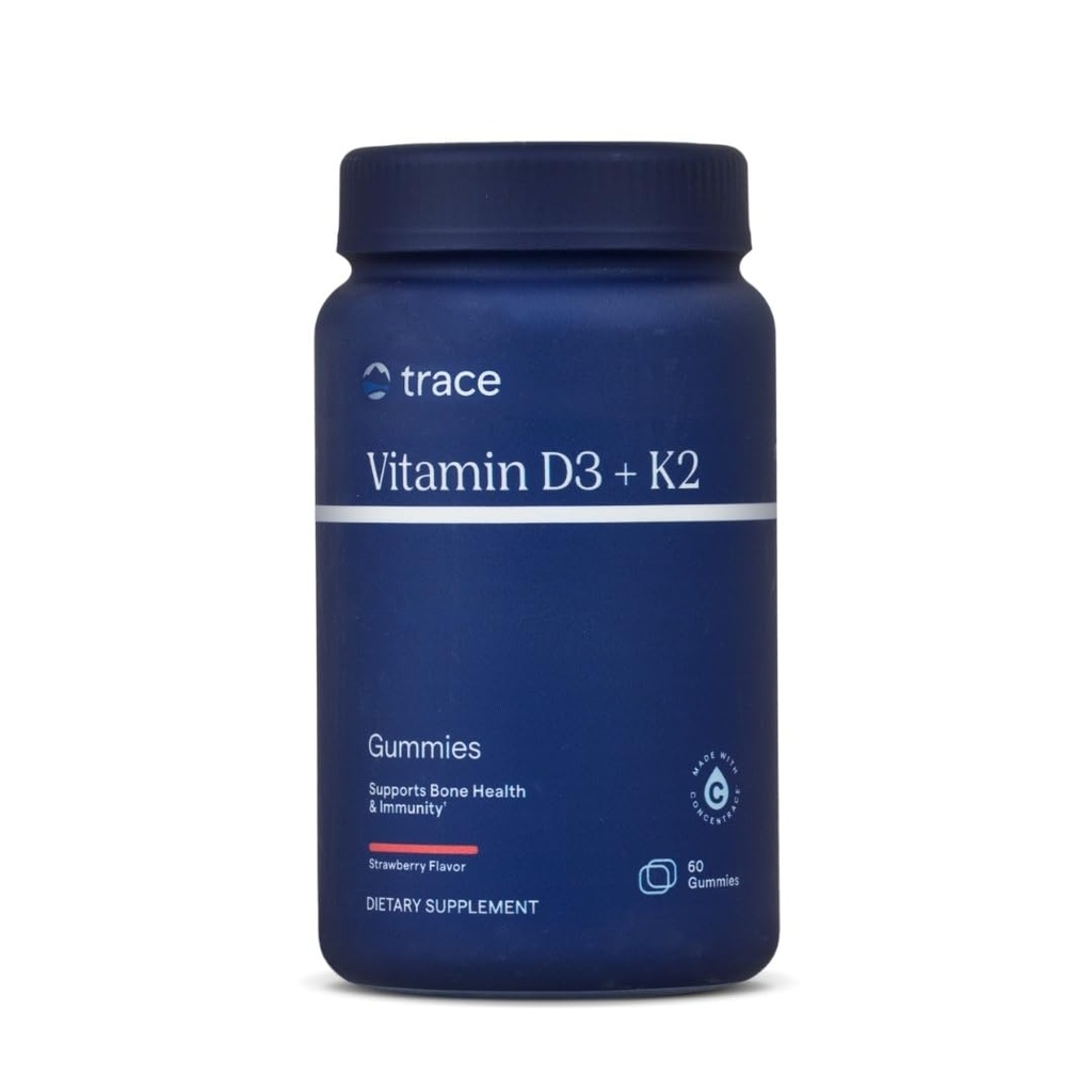 Trace Minerals | Vitamin D3 + K2 Gummies | 5 000 IE D3 + 50 mcg K2 | Vegan, sockerfri, glutenfri, naturlig jordgubbsmak | 60 portioner