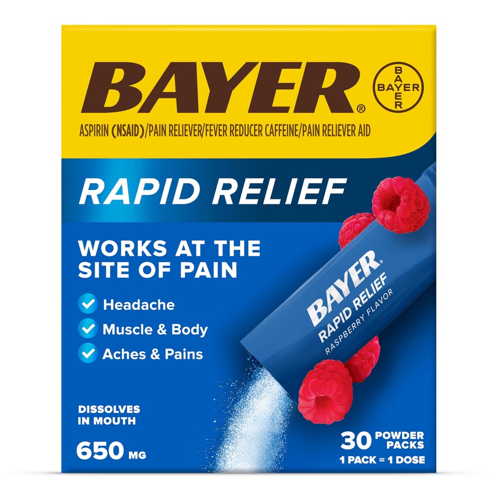 Bayer Rapid Relief Powder Packs med Aspirin & koffein, upplösbar snabbverkande smärtlindring för huvudvärk, muskel- och kroppssmärta, Raspberry Flavor (Packaging kan variera), Pack på 3 x 10 Count