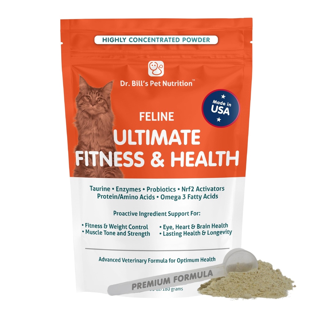 Dr. Bills Feline Ultimate Fitness & Health | Cat Multivitamin Powder - Daglig Supplement | Viktkontroll, Gemensamt, Hjärna, Hjärta & immun Support | Omega 3s, Kollagen, B Vitaminer, Taurin, Aminosyror
