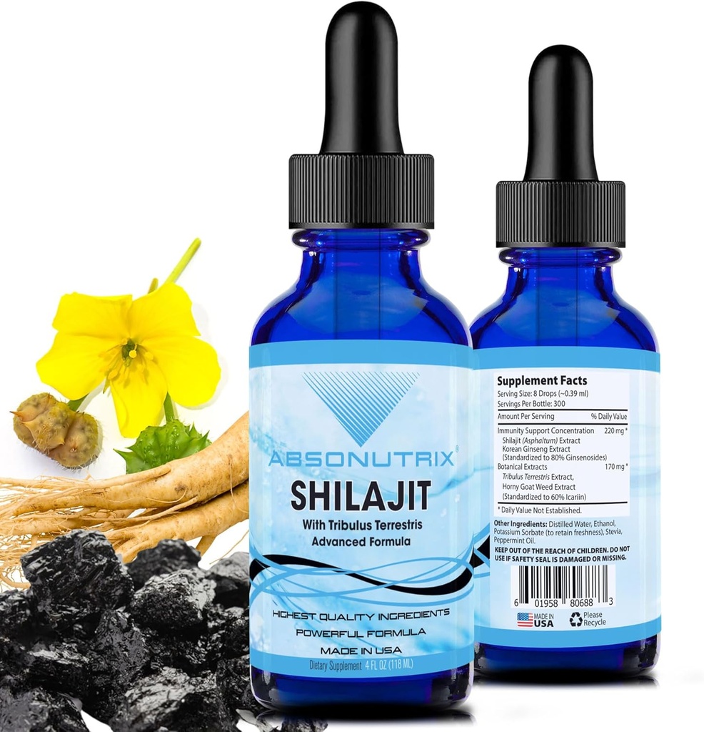 Absonutrix Shilajit med Tribulus Terrestris 390 mg, 4 Oz Liquid, 300 portioner, Made in USA, Quick Absorption, Quality Potent Ingredients, Non-GMO, GMP Certified Facility, Cruelty-Free Products
