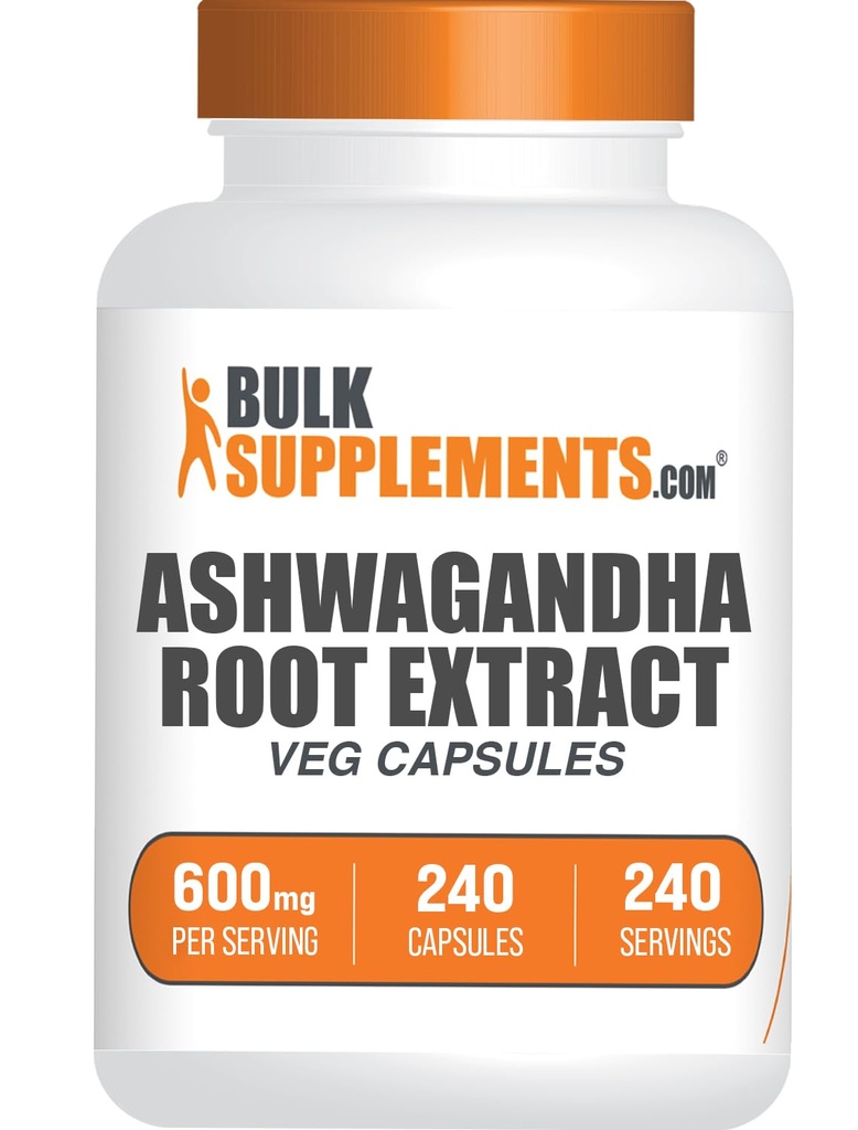 BulkSupplements.com Ashwagandha Root Extract Capsules - Ashwagandha 600mg, Ashwagandha Supplement, Ashwagandha Root Capsules, Vegan & Gluten Free, 1 kapslar per servering, 240 Veg Capsules