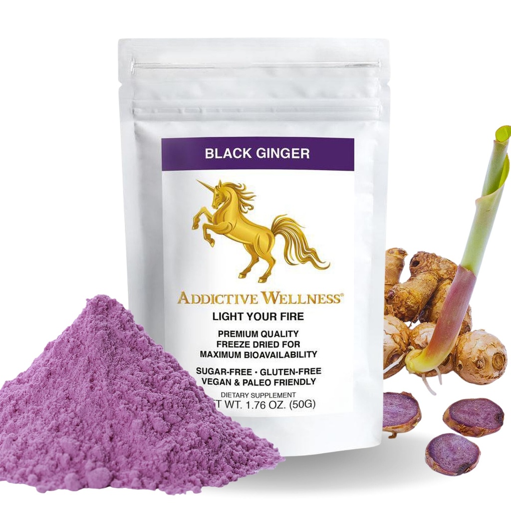 Addictive Wellness Thai Black Ginger för män, Thai Ginger Supplement för att stödja energimetabolism, uthållighet och prestanda, frysa torkad svart ingefära pulver, 50 gram (1,76 ounce), Vegan & Paleo