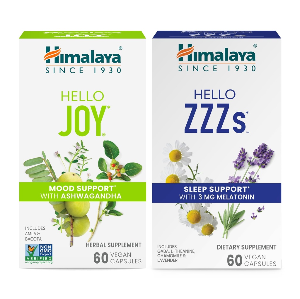 Himalaya Hello Joy med Ashwagandha för att förbättra humör och andar & Hej ZZZ med Melatonin för sömnstöd, 60 kapslar varje - Bundle