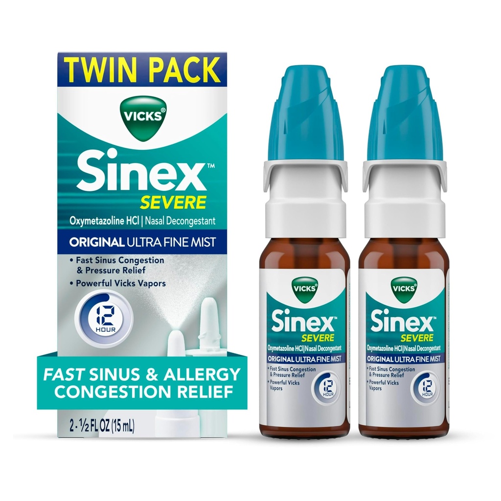 Vicks Sinex SEVERE Allergy & Sinus Nasal Spray, Original Ultra Fine Mist, Decongestant Medicine, Relief från Nasal Congestion på grund av Cold or Allergy, Sinus Pressure Relief, 265 Sprays x 2