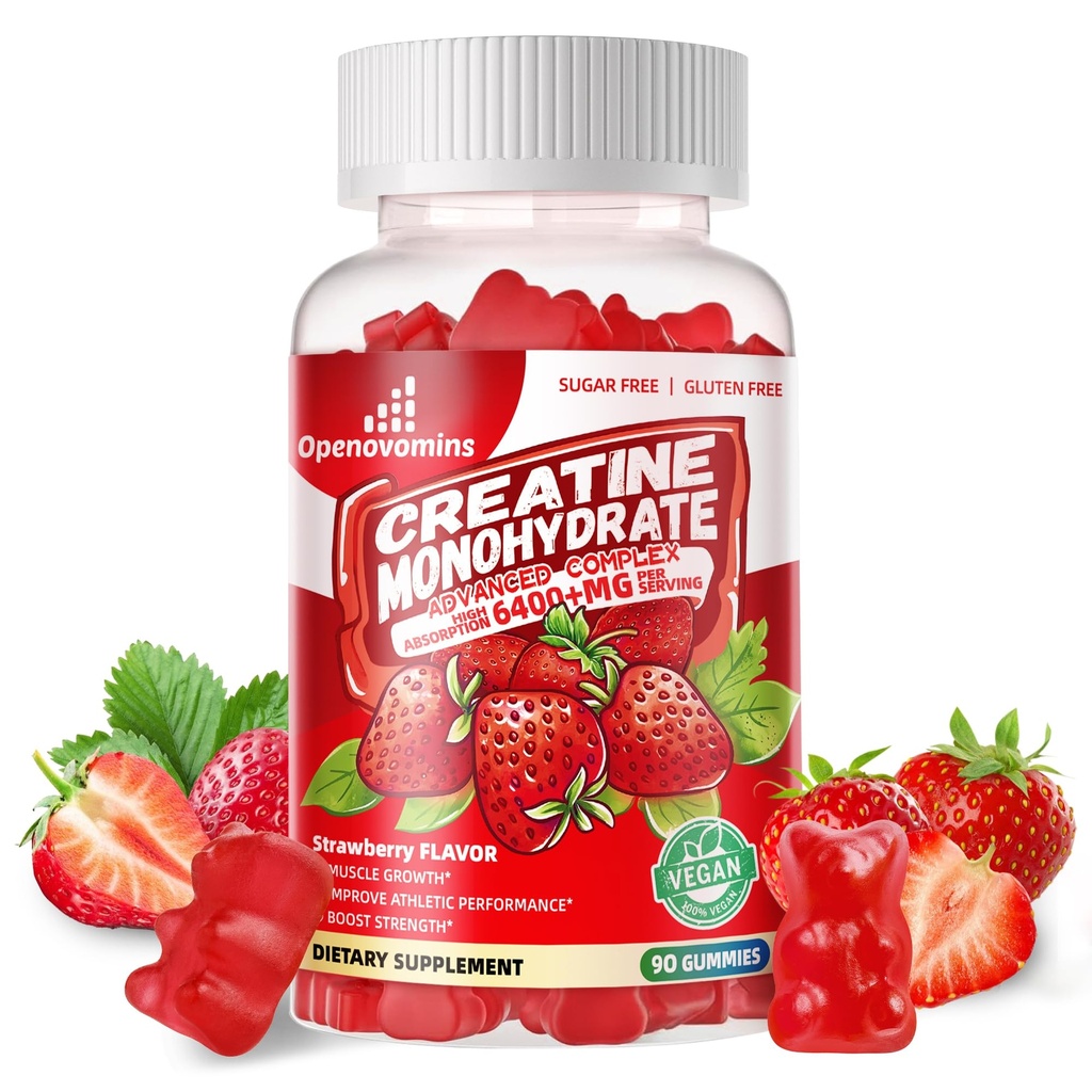 Kreatinmonohydrat Gummies Komplex för män och kvinnor -Avancerad Formel W/L-Taurin + Vitamin B12, Sugar Gratis Chewable Supplement,90 Strawberry Gummies