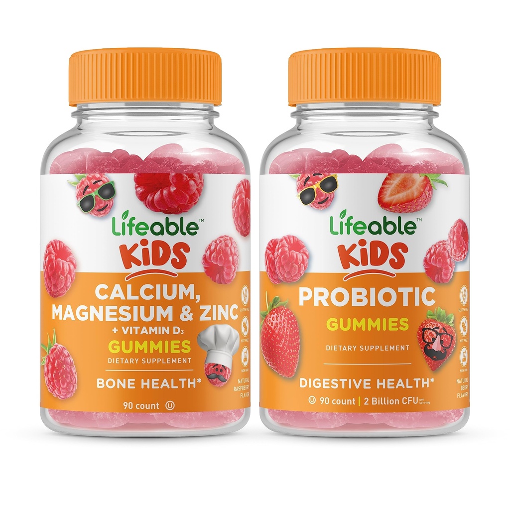 Livlig Calcium Magnesium & Zink Kids + Probiotic 2 miljarder CFU Kids, Gummies Bundle - Stor smak, vitamintillskott, Gluten Free, GMO Free, Chewable Gummy