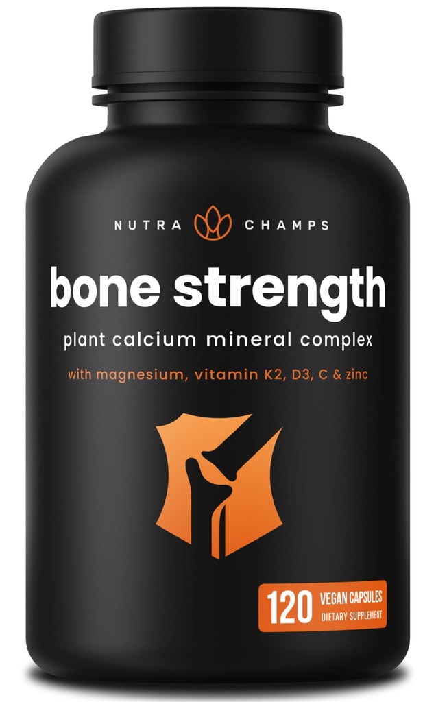 Kalciumtillskott för benstyrka | Plant Calcium Citrate + Vitamin D3, K2, Magnesium, Zink, kalium, Boron & Strontium | Premium Extra Strength Bone Health & Density Complex | 120 Vegan kapslar