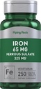 Piping Rock Iron Ferrous Sulfate 65 mg | 250 tabletter | Järntillskott | High Potency Formel | Vegetarian, icke-GMO, Gluten Free