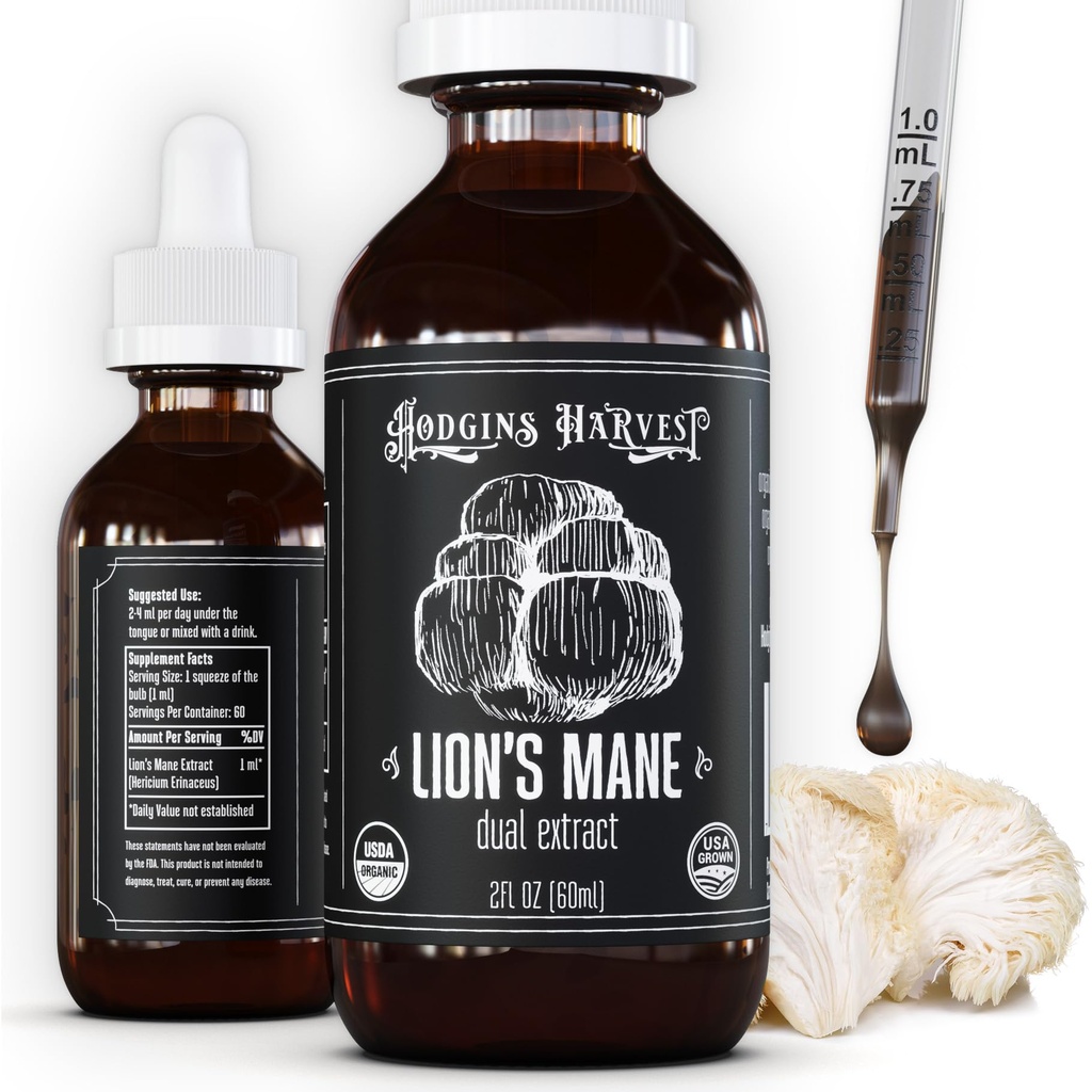 Hodgins Harvest Organic Lion's Mane Fruiting Body Extract Tincture - Mushroom Supplement för hjärnhälsa och mental fokus - Dual Extract Formel - Extra koncentrerad - 2 fl oz Bottle