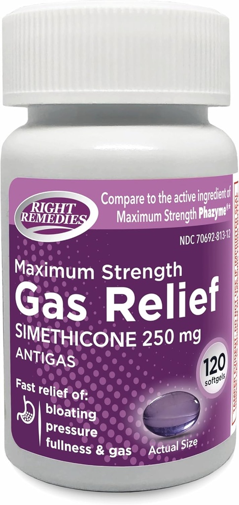 Gas Relief Maximal Styrka, Simethicone 250 mg, (120 Softgels), snabb lindring från gas, uppblåsthet, smärtsamt obehag, Jämför med maximal styrka Phazyme Active Ingredient