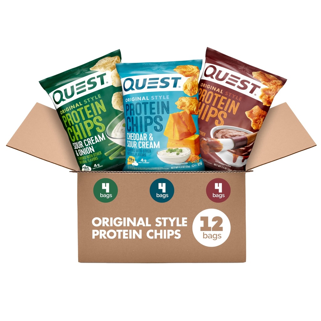 Quest Nutrition Protein Chips Variety Pack, BBQ, Cheddar & Sour Cream, Sour Cream & Onion, High Protein, Low Carb, 1.1 oz (Pack av 12)