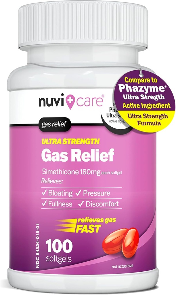 Ultra Strength Gas Relief - Simethicone 180mg Softgels - Anti Gas och Bloating Relief - Jämför med den aktiva ingrediensen i Phazyme Anti Gas Pills - Stomach Gas Relief för vuxna (100 Count)