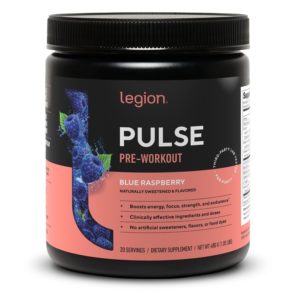 LEGION Pulse Pre Workout - All Natural Nitric Oxide Preworkout Drink för att öka energi, kreatinfri, naturligt sötad, Beta Alanine, Citrulline, Alpha GPC (Blue Raspberry)