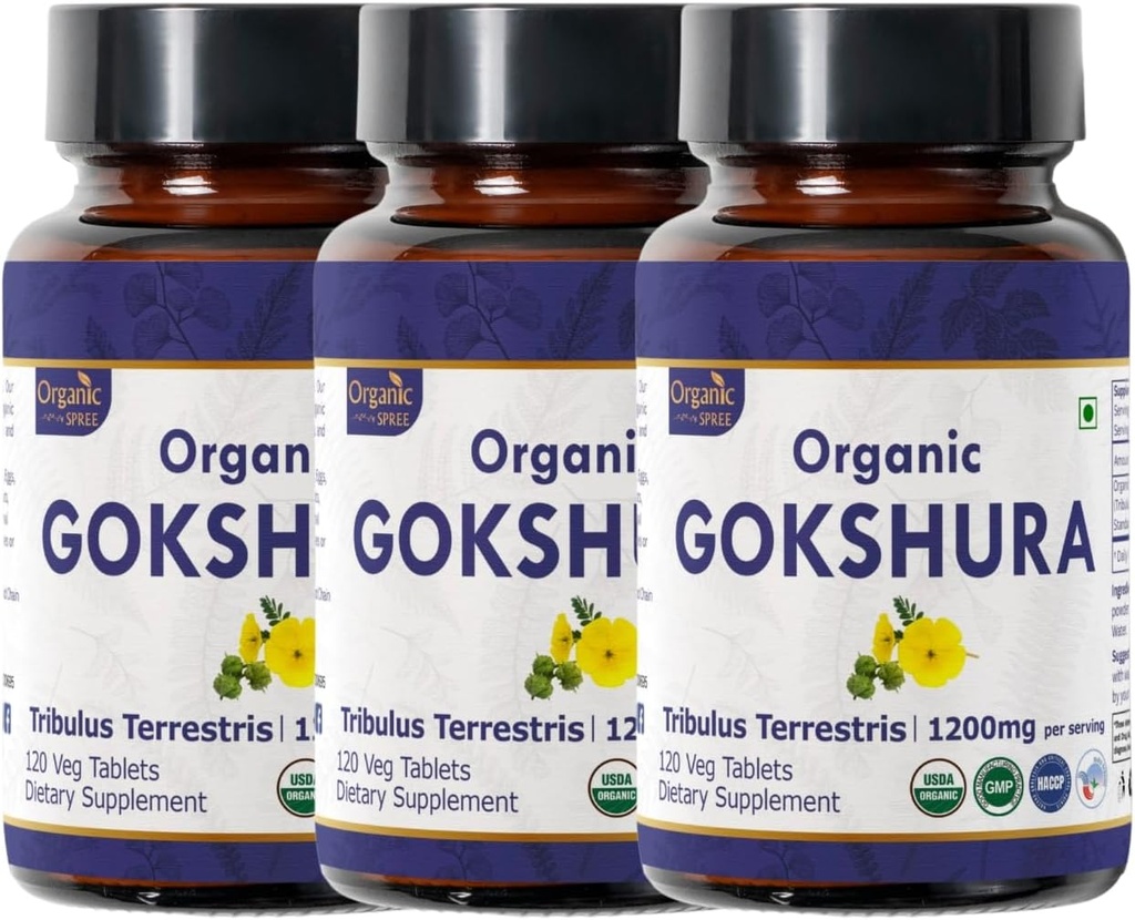 Gokshura 120 tabletter | Tribulus Terrestris (Gokshura) | USDA Organic Certified | Stöder immunitet och styrka | Organisk och naturlig 120tab - Pack på 3
