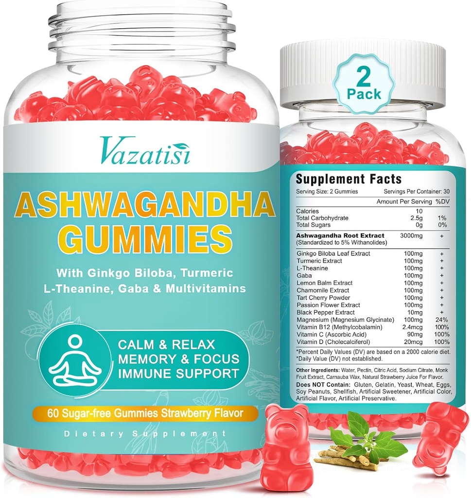 2 Pack Ashwagandha Gummies med gurkmeja GABA Mood Energy och Immune Support, jordgubbsmak 120 Cts