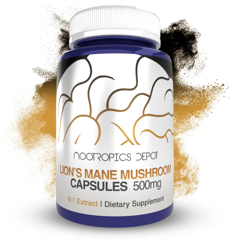 Nootropics Depot Lions Mane Mushroom Capsules | 8:1 Hela Fruktande Body Dual Extract | 500mg | 60 greve | Hericium erinaceus
