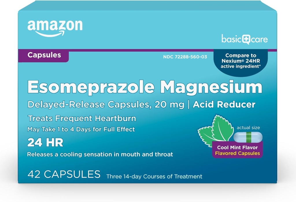 Grundläggande vård Esomeprazole Magnesium Försenad frisättning Capsules 20 mg, Acid Reducer, Cool Mint, 42 greve (3 Packs av 14)