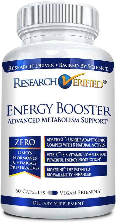 Forskning verifierad energibooster - naturligt energistöd - 60 kapslar - Koffeinfri - B-vitaminer och adaptogener - 1 månads leverans