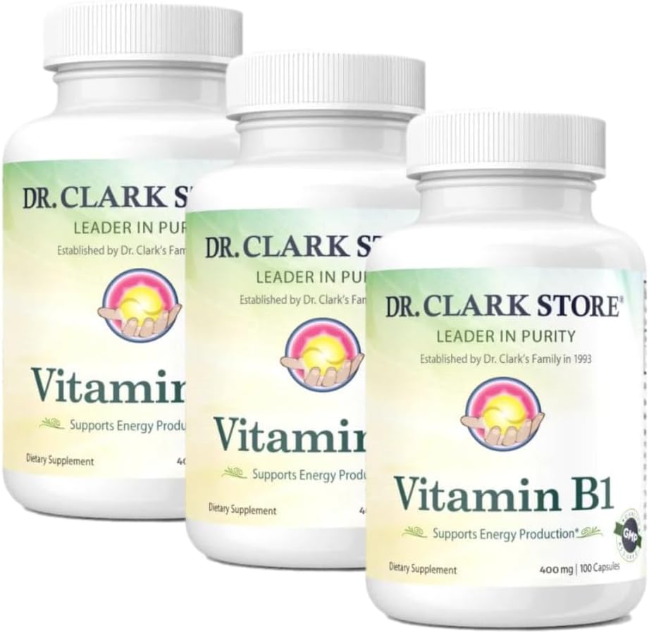 Bernard Jensens Dr Clark Store Vitamin B1 Thiamine 500mg Supplement -Thiamine B1 Supplement for Healthy Nervous System & Energy Metabolism, Glutenfri, Dairy Free - 100 Gelatin Capsules 3Pack