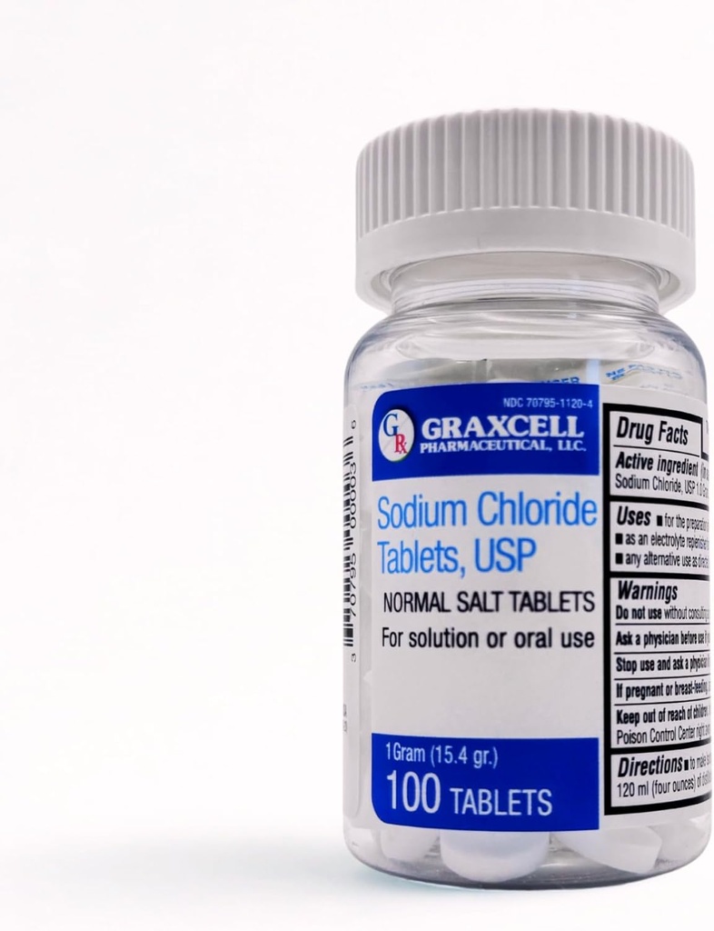 Natriumklorid tabletter 1gm | Electrolyte Salt för POTS syndrom och Dysautonomia Support | Snabb rehydrering | 15.4gr. | 100 greve | Tillverkad i USA