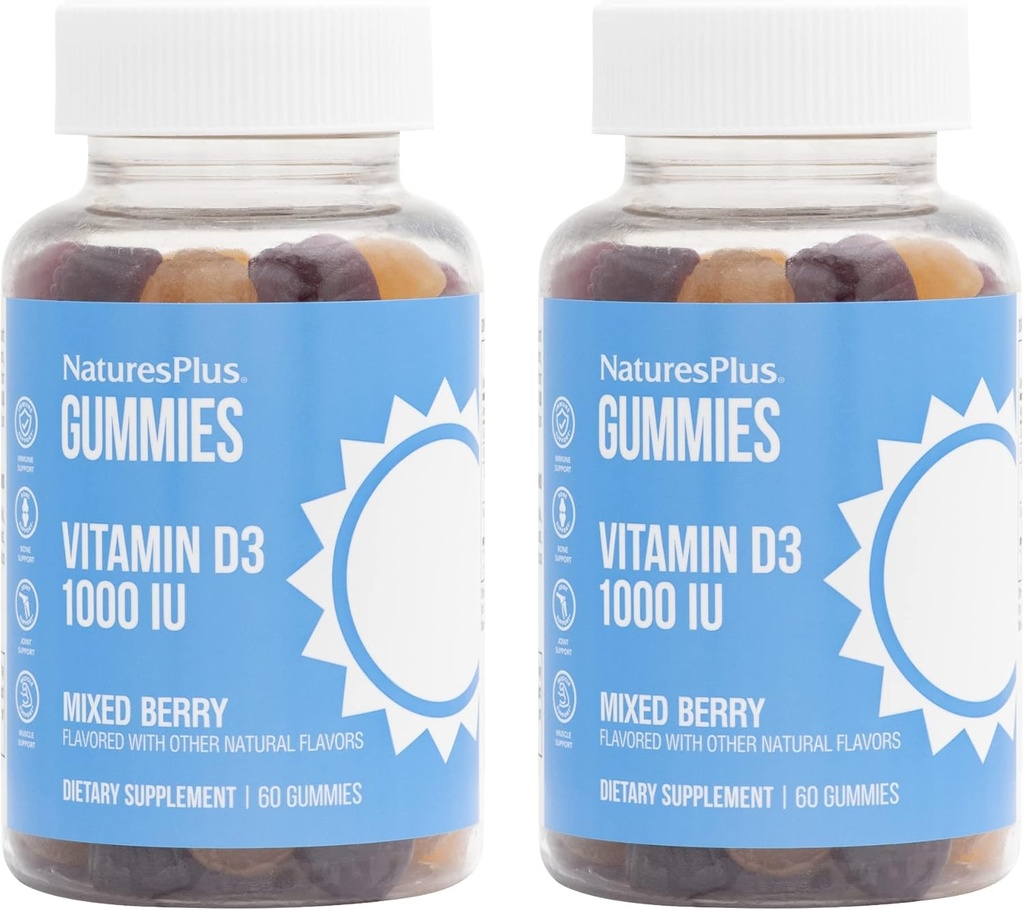 NaturesPlus Gummies Vitamin D3 1000 IE, Mixed Berry - 60 Gummies, Pack of 2 - Främjar benhälsa och immunfunktion - Vegan, Gluten Free, Non-GMO - 120 Total Servings