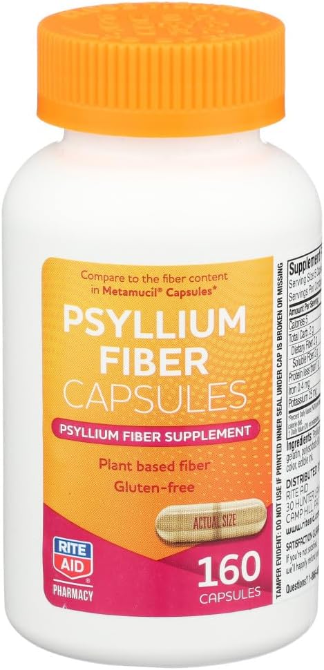 Rite Aid Psyllium Fiber Capsules, 160 Count, Psyllium Fiber Supplement, | Förstoppningshjälp | 100% naturlig Psyllium Husk Fiber | Hjälper återställa reglering | Främjar Digestive Health