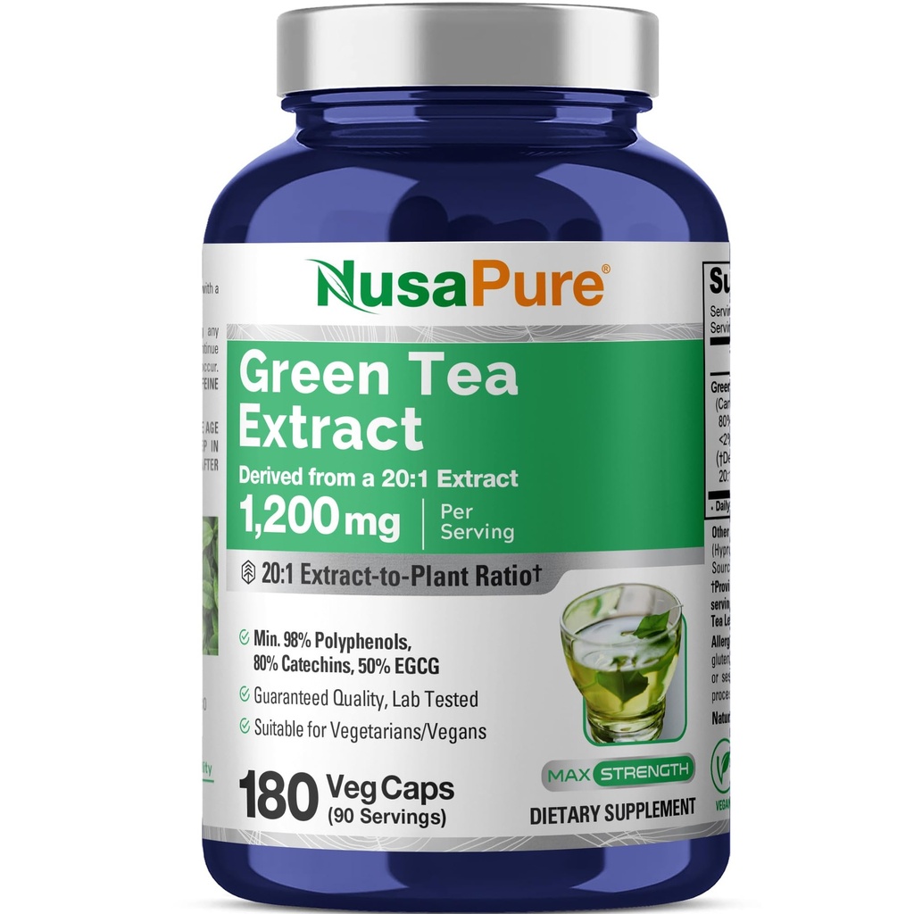 NusaPure Green Tea 20:1 Extrakt, 1200 mg Equivalent till 24000mg, 180 Vegan Capsules, 50% EGCG, 98% Polyfenoler, 80% Catechins
