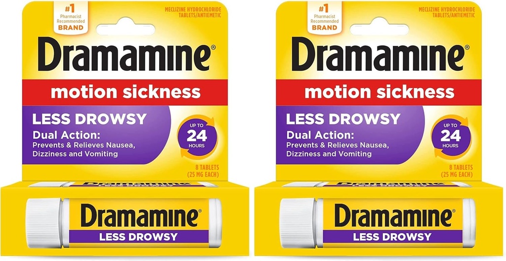 Dramamine All Day Less Drowsy Motion Sickness Relief | 8 tabletter ingår (Pack of 2)