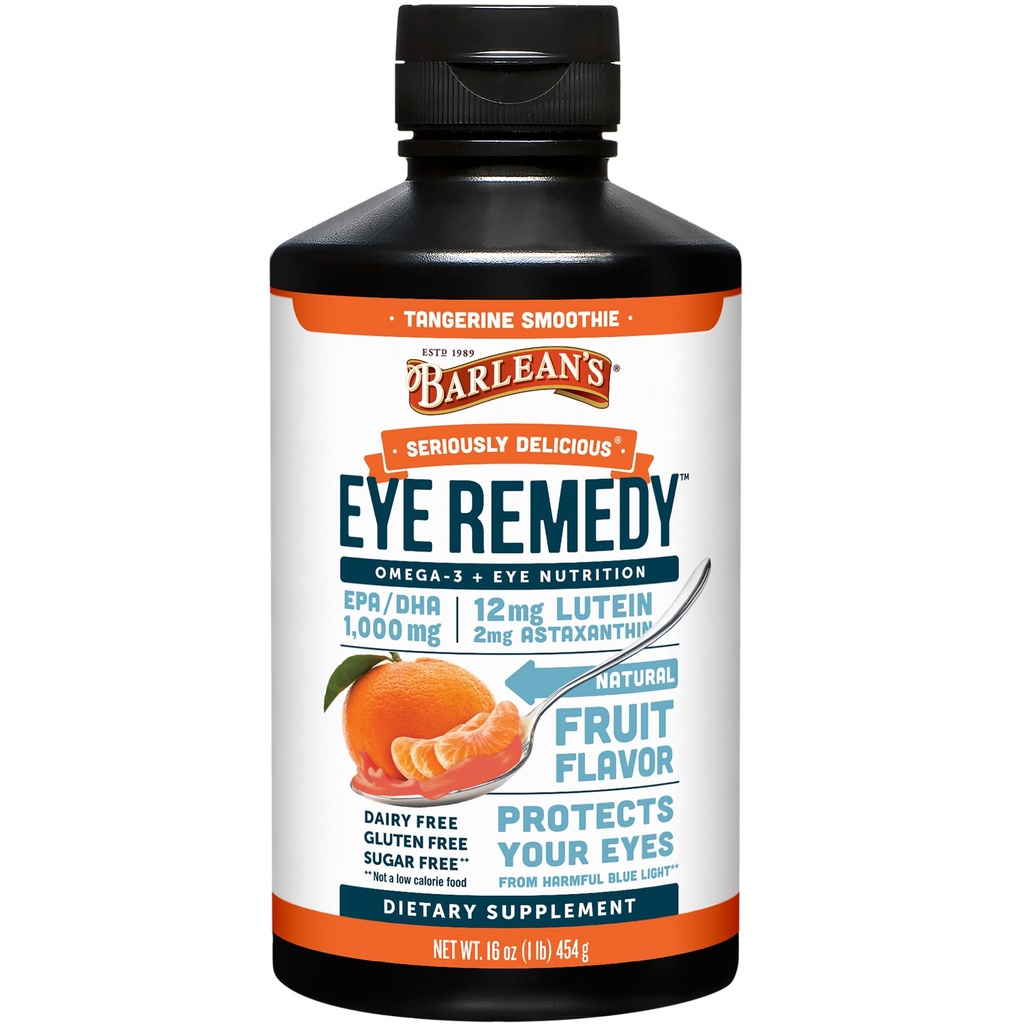Barleans Eye Remedy Supplement, Tangerine smaksatt fiskolja Liquid med Lutein, Astaxanthin och Zeaxanthin, 1000mg Omega 3 EPA DHA, Eye Care Supplements, 16 oz