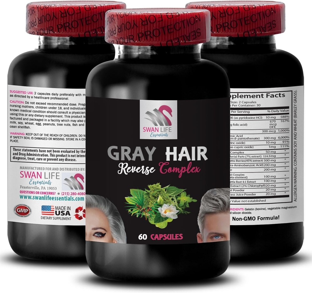 Biotin - GRAY HAIR REVERSE - Horsetail Aerial Delar, hår färg revival, ungdomligt hår, naturlig hårfärg, hårföryngring, hår pigmentering, färgförbättring, återställa vibrerande 1 flaska 60 kapslar