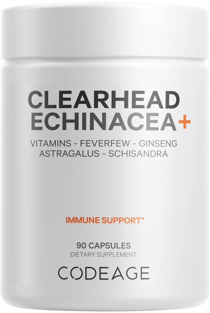 Codeage Clearhead Echinacea+ Tillägg - Echinacea, Schisandra, Feverfew, Coptis, American Ginseng, Astragalus, vitlök, probiotika, vitamin C & D3, Zink, Selen - Clear Head Vitamin - 90 kapslar