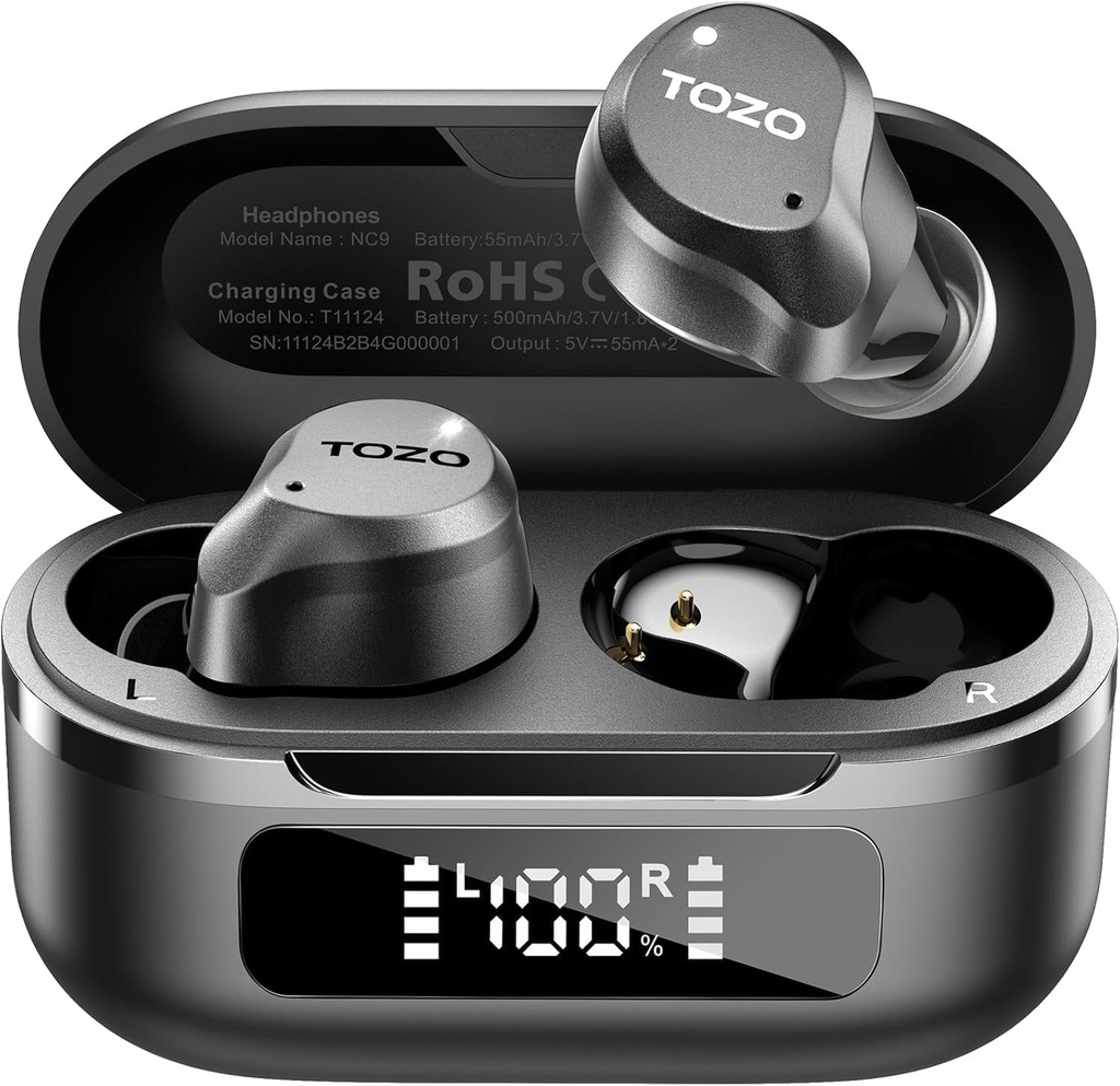 TOZO NC9 Hybrid Active Noise Cancelling Wireless Earbuds, 6 Mics ENC Clear Call, IPX8 Waterproof, i Ear Bluetooth 5.3 Hörlurar Stereo Bass Ear Buds 59H Playtime med LED Display 32 EQs via APP