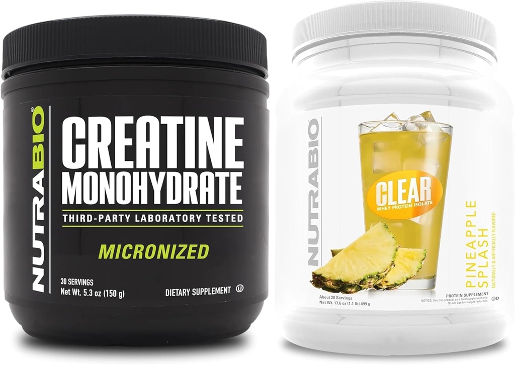 NutraBio Creatine Monohydrate, Unflavored, (150 g) och Clear Whey Protein Isolate (Pineapple Splash) Supplement Bundle - Muscle Energy, Maximal tillväxt, återhämtning och styrka
