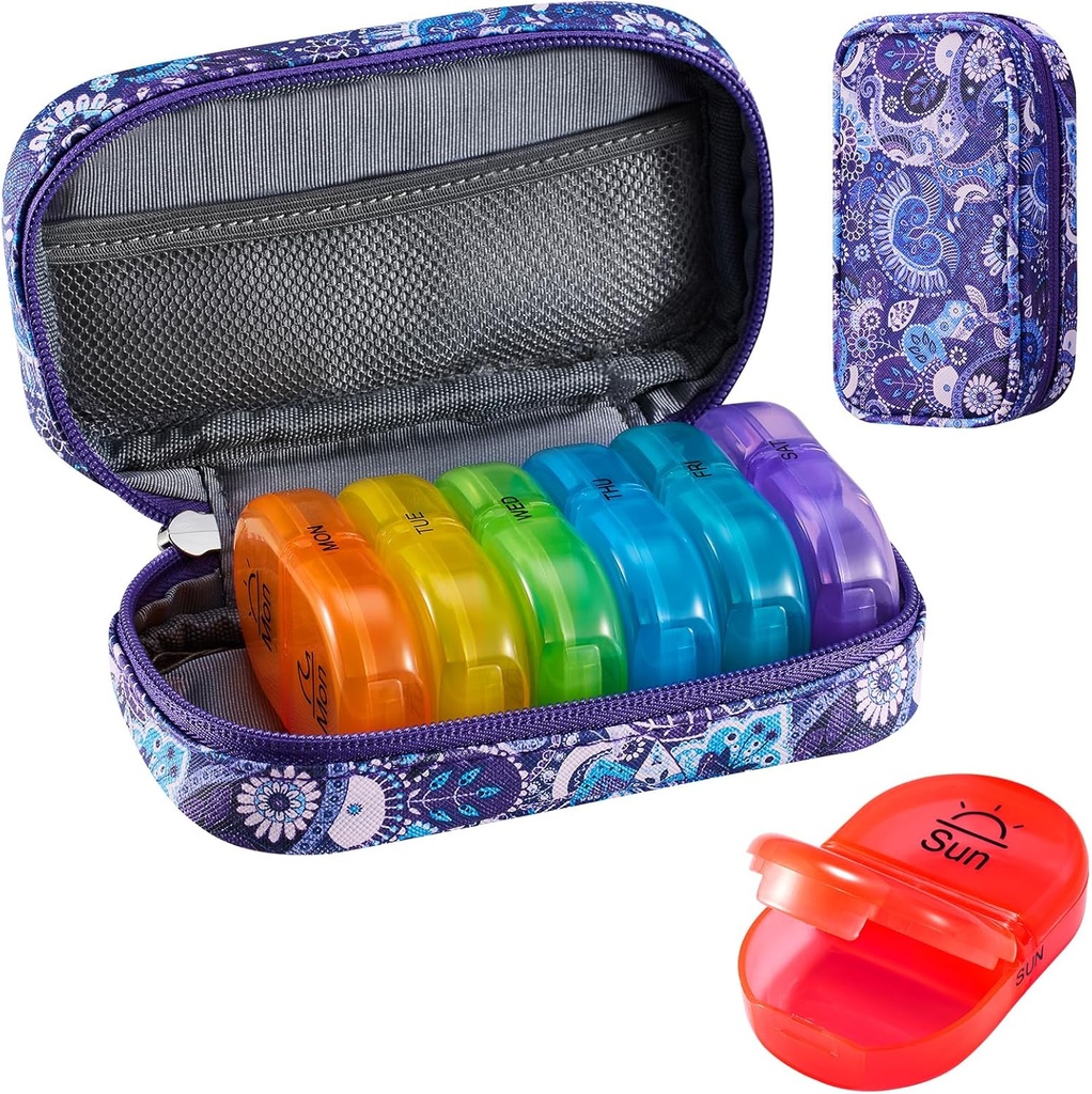 Serfeymi Weekly Travel Pill Organizer 2 Times A Day AM PM Upgraded Rainbow Pill Box 7 Day with Portable Zipper PU Leather Pill Case, Medicine Organizer for Pills, Vitamins, Fish Oils - Purple-01