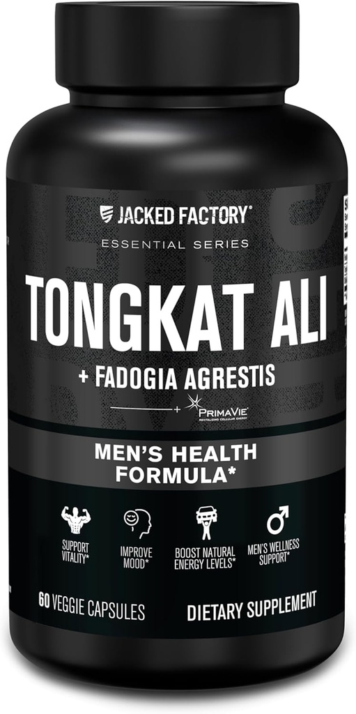Jacked Factory Indonesian Tongkat Ali + Fadogia Agrestis - 200:1 Extract Longjack Tongkat Ali för män med Fadogia Agrestis 600mg & Primavie Shilajit för att stödja vitalitet, energi och humör - 60 kapslar