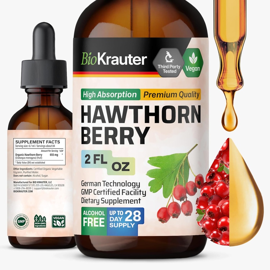 BIO KRAUTER® Hawthorne Berry Supplement - Pure Vegan Hawthorn Berry Liquid Drops 655 mg per Servering 2 Fl.Oz 28 dagar av Supply - Används för Total Support & Daily Wellness - Alkohol & Sugar Free