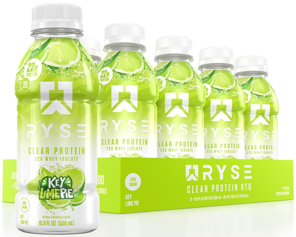 RYSE Clear Protein Drink - Key Lime Pie - 100 kalorier, 22g Whey Isolate Protein Shake, Sugar-Free, 0g Fat & Lactose-Free - Uppfriskande Ready-to-Drink Beverage - 16,9 fl oz Bottles (12-Pack)