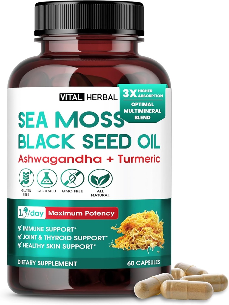 Sea Moss with Black Seed Oil, Ashwagandha, Turmeric & Moringa – Immune, Joint & Skin Support Supplement – 60 Capsules – Vital Herbal – Lab-Tested, Non-GMO, Made in USA