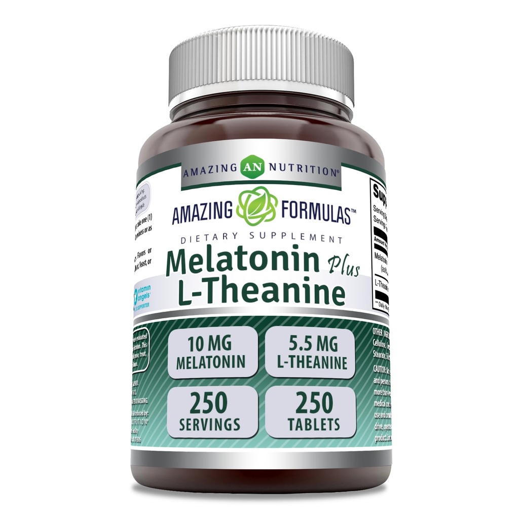 Fantastiska formler Melatonin Plus L-Theanin 10 mg tabletter tillskott | Icke-GMO | Glutenfri | Tillverkad i USA (10 mg, 250, greve)
