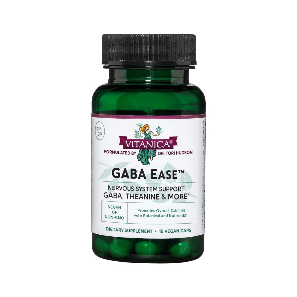 Vitanica GABA Ease - GABA & L-Theanine Supplement för Calm & Relaxation Support - Kvinnors hälsotillskott med GABA, Passionflower, Hops, Skullcap & L-Theanine - Consumer Line - 15 Vegan Caps