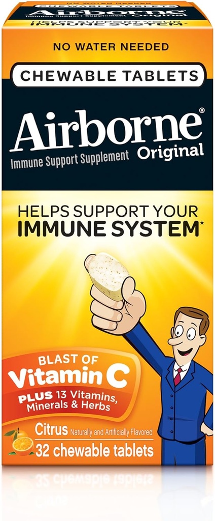 Airborne 1000mg Vitamin C Chewable Tablets med Zink, Immune Support Supplement med kraftfulla antioxidanter vitaminer A C & E - 32 Chewable tabletter, Citrus smak