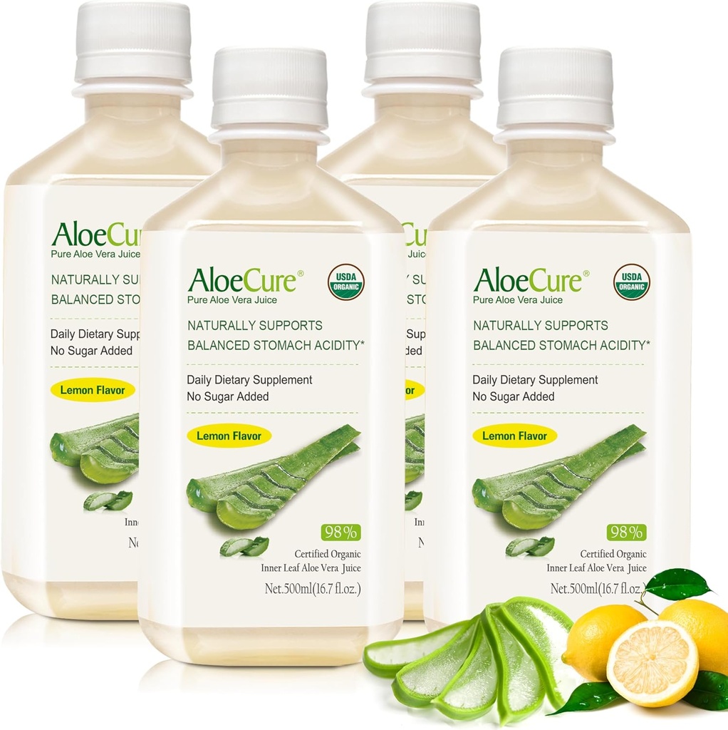 AloeCure USDA Organic Aloe Vera Juice Lemon Flavor - Tillverkad inom 12 timmar av skörd - Naturligt matsmältningstillskott för balanserad magsyra - Stöd Digestive and Immune Health, 4 Btls x 16.7oz