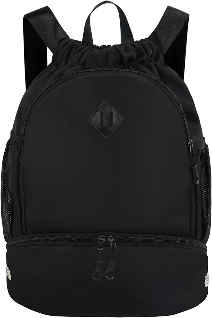 Drawstring Backpack Gym ryggsäck med skor kompartment för män kvinnor sträng sportväska med våt ficka Cinch Swim Beach Bag, svart (patent väntan)