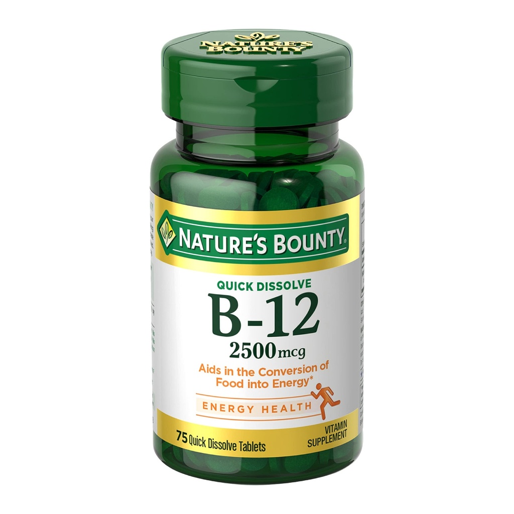 Naturens Bounty Vitamin B12 2500 mcg, Cellular Energy Support, för energimetabolism, hjärt- och nervsystemhälsa, 75 snabba upp tabletter